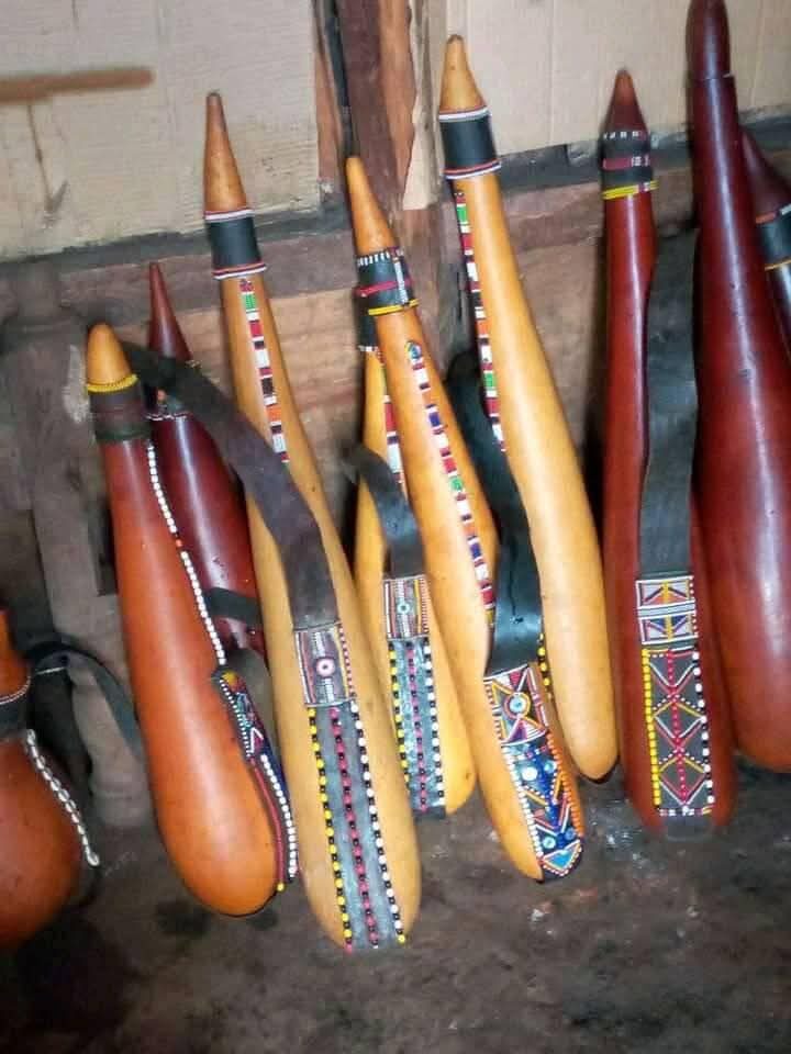 Traditional beaded gourd containers in Loita, Narok County